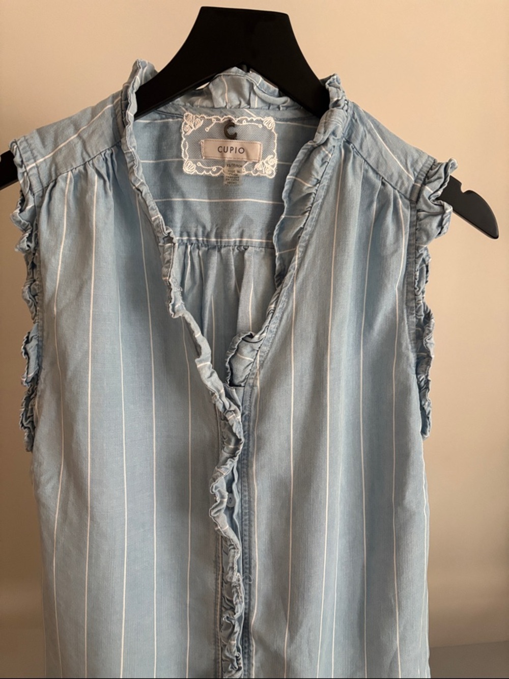 Cupio Light Blue Pinstripe Ruffle Sleeveless Top